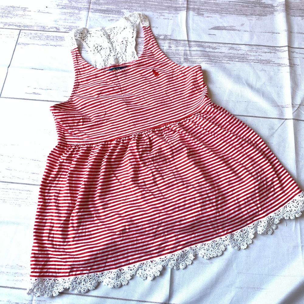 RALPH LAUREN POLO GIRLS STRIPED LACED TANK TOP RED AND WHITE LARGE 12/14